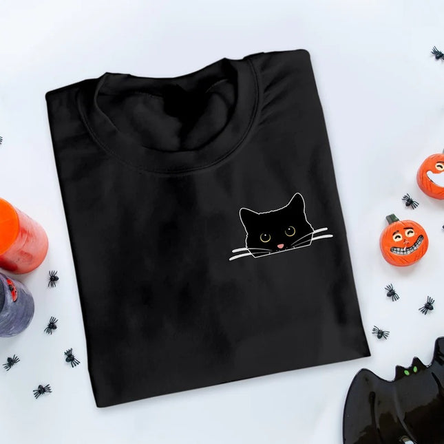 Cute Black Cat Halloween Sweatshirt, Fall Cat Printed Sweatshirt, Halloween Clothing