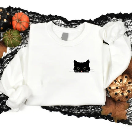 Cute Black Cat Halloween Sweatshirt, Fall Cat Printed Sweatshirt, Halloween Clothing