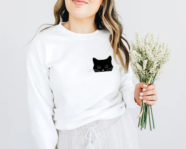 Cute Black Cat Halloween Sweatshirt, Fall Cat Printed Sweatshirt, Halloween Clothing
