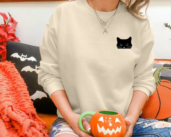 Cute Black Cat Halloween Sweatshirt, Fall Cat Printed Sweatshirt, Vintage Halloween Party Jumper, Spooky Season Shirt, Halloween Clothing