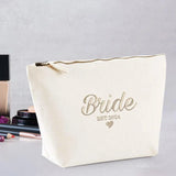 Custom Bride Embroidered Makeup Bag, Personalised Wedding Date Canvas Bag, Bride To Be Cosmetic Organiser Bag, Future Mrs Engagement Gifts