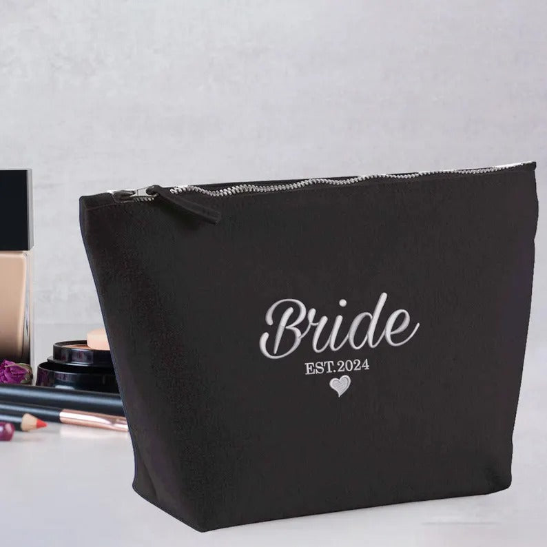 Custom Bride Embroidered Makeup Bag, Personalised Wedding Date Canvas Bag, Bride To Be Cosmetic Organiser Bag, Future Mrs Engagement Gifts