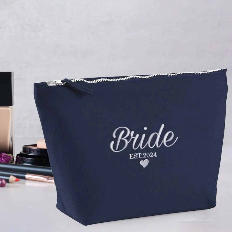 Custom Bride Embroidered Makeup Bag, Personalised Wedding Date Canvas Bag, Bride To Be Cosmetic Organiser Bag, Future Mrs Engagement Gifts