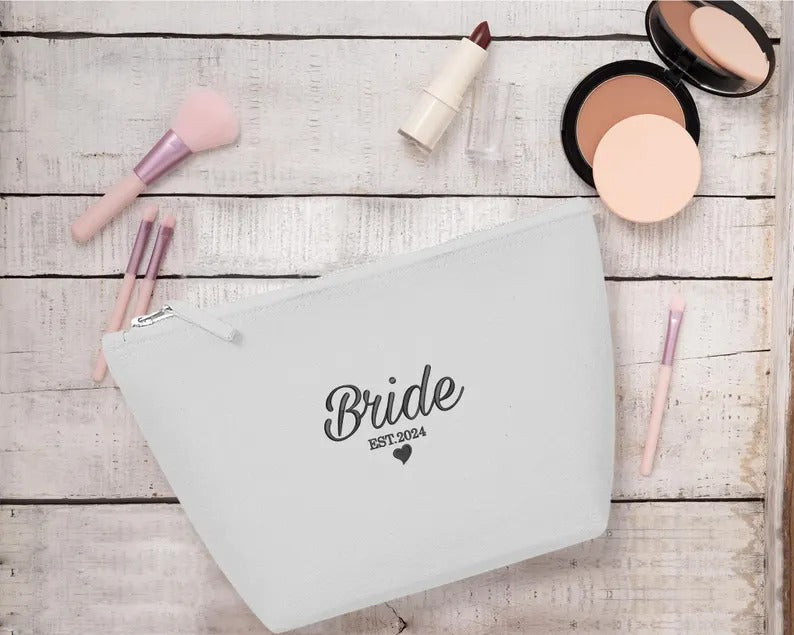 Custom Bride Embroidered Makeup Bag, Personalised Wedding Date Canvas Bag, Bride To Be Cosmetic Organiser Bag, Future Mrs Engagement Gifts