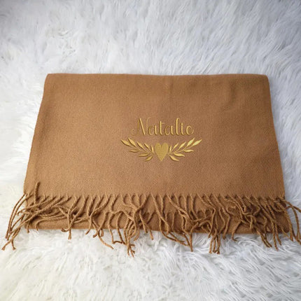 Custom Name Embroidered Scarf, Personalised Woven Comfy Scarf with Tassel Trim