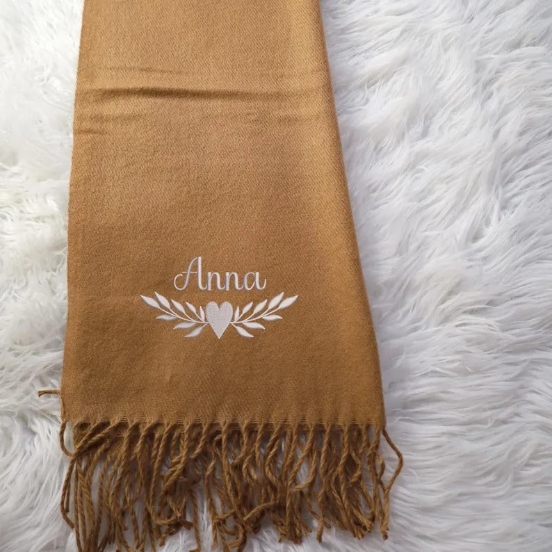 Custom Name Embroidered Scarf, Personalised Woven Comfy Scarf with Tassel Trim, Laurel Heart Monogram Winter Scarf, Christmas Gift for Her