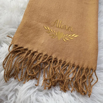 Custom Name Embroidered Scarf, Personalised Woven Comfy Scarf with Tassel Trim