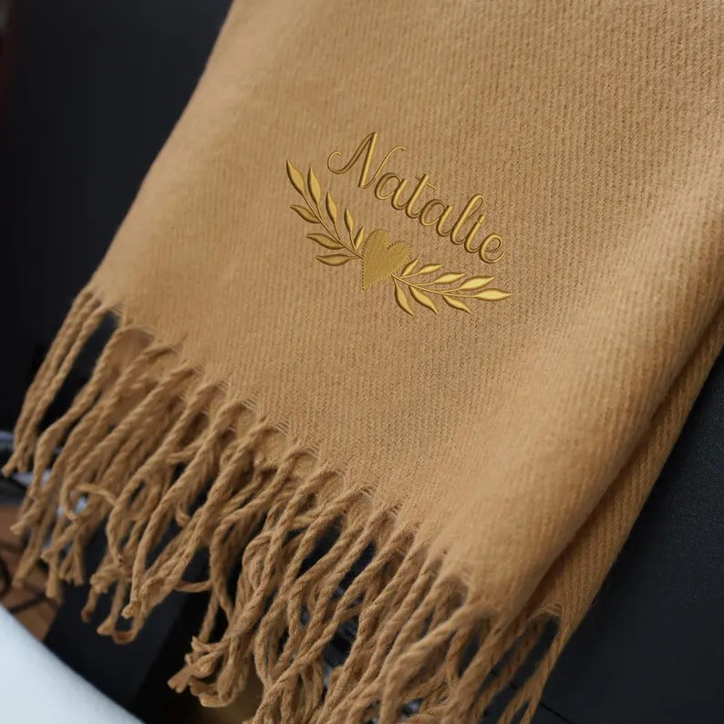 Custom Name Embroidered Scarf, Personalised Woven Comfy Scarf with Tassel Trim, Laurel Heart Monogram Winter Scarf, Christmas Gift for Her