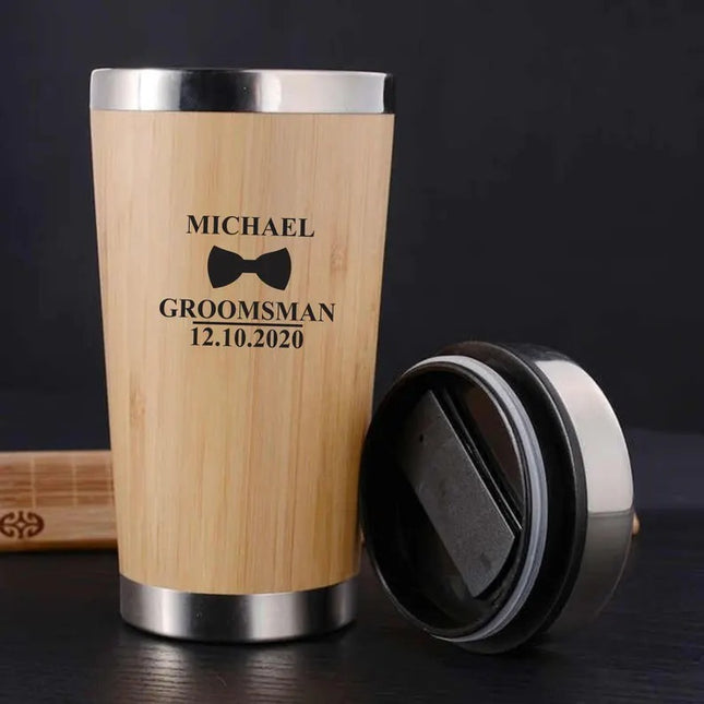 Personalised Bamboo Coffee Mug, Custom Engraved Monogrammed Tumbler