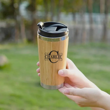 Personalised Bamboo Coffee Mug, Custom Engraved Monogrammed Tumbler