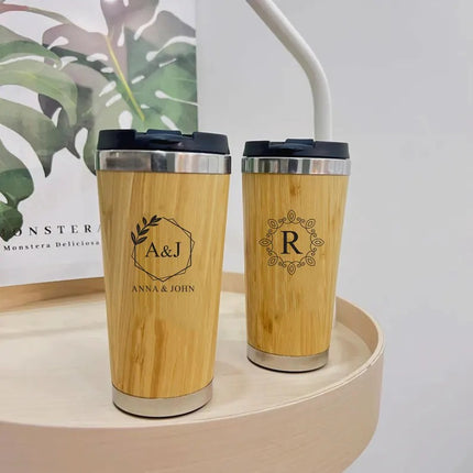 Personalised Bamboo Coffee Mug, Custom Engraved Monogrammed Tumbler
