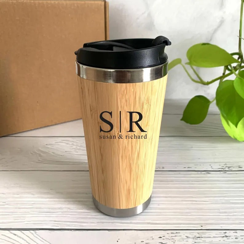 Personalised Bamboo Coffee Mug, Custom Engraved Monogrammed Tumbler, 17oz Bamboo Insulated Tumbler, Eco Friendly Drinks Flask, Gift for Her