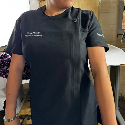Custom Women Beauty Tunic, Embroidered Initial On Sleeve Beauticians Uniform