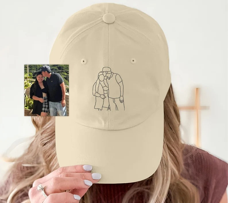 Personalised Sketch from Photo Dad Hats, Embroidered Family Matching Caps, Unisex Comfy Colors Caps, Portrait Dad Hats, Father's Day Gifts