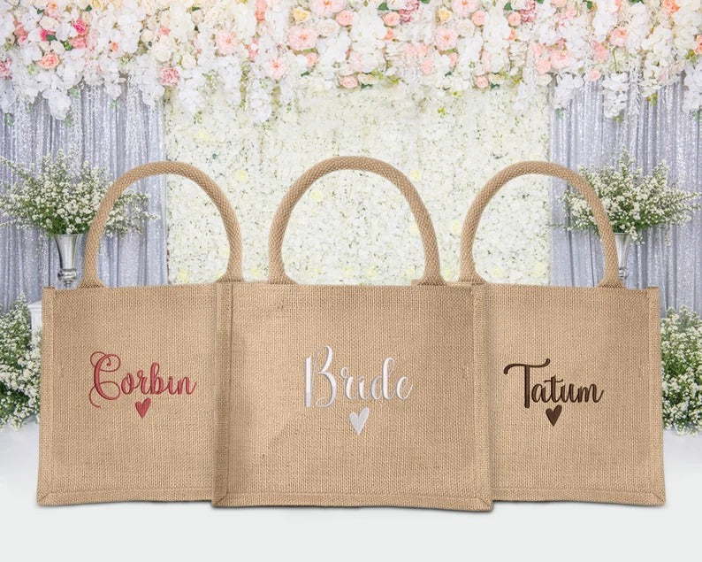 Personalised Bridesmaid Tote Bags, Custom Embroidered Name Totes, Minimalist Canvas Cotton Bags, Gifts for Bride, Hen Party Matching Boxes