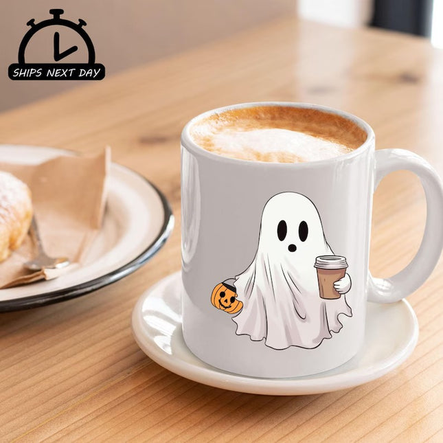 Halloween Little Ghost with Coffee Mug, Halloween Pumpkin Printed Mug, Spooky Season