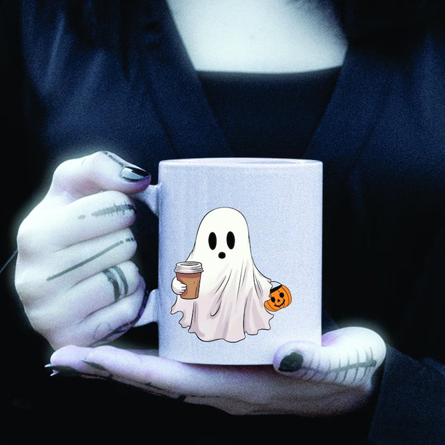 Halloween Little Ghost with Coffee Mug, Halloween Pumpkin Printed Mug, Spooky Season