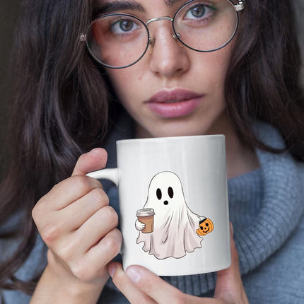 Halloween Little Ghost with Coffee Mug, Halloween Pumpkin Printed Mug, Spooky Season
