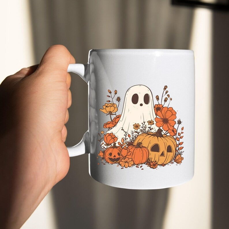 Cute Ghost Halloween Mug, Spooky Fall Pumpkin Coffee Mug, Vintage Boo Ghost Ceramic Printed Mug, Fall Autumn Cup, Funny Halloween Party Gift