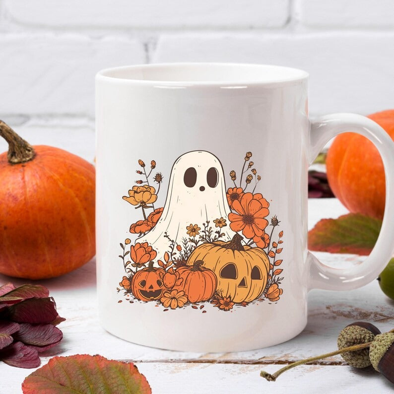 Cute Ghost Halloween Mug, Spooky Fall Pumpkin Coffee Mug, Vintage Boo Ghost Ceramic Printed Mug, Fall Autumn Cup, Funny Halloween Party Gift