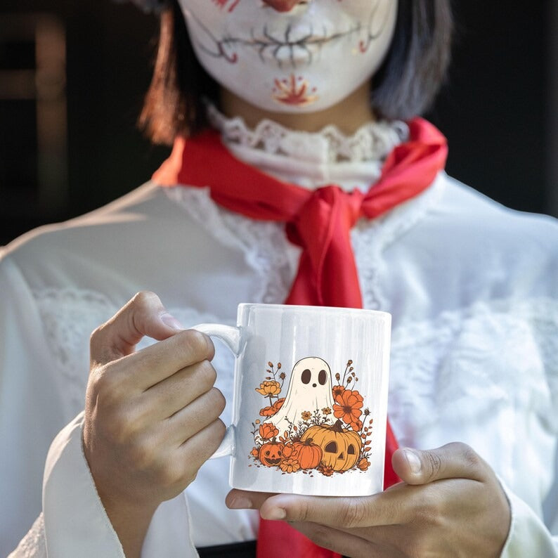 Cute Ghost Halloween Mug, Spooky Fall Pumpkin Coffee Mug, Vintage Boo Ghost Ceramic Printed Mug, Fall Autumn Cup, Funny Halloween Party Gift