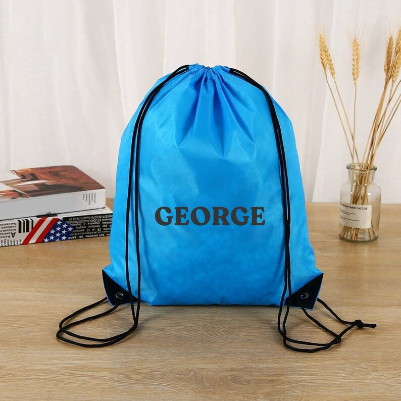 Personalised Drawstring Gym Bag, Custom Monogrammed Name Printed Water Resistant Gymsac. Comfort Color Polyester Swimming Bags, Gift for him