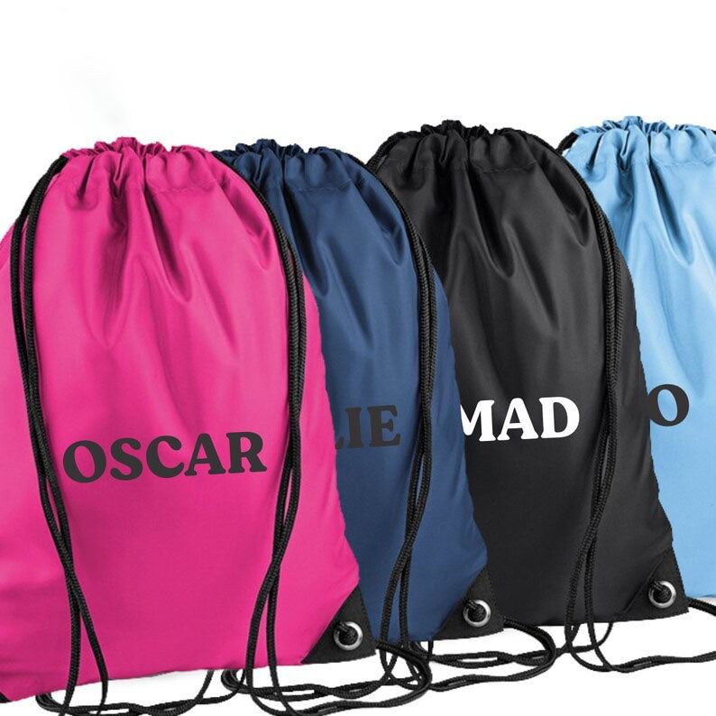 Personalised Drawstring Gym Bag, Custom Monogrammed Name Printed Water Resistant Gymsac. Comfort Color Polyester Swimming Bags, Gift for him