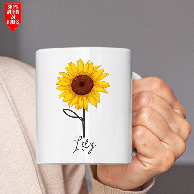 Personalised Name Sunflower Mug, Sunflower Printed White Ceramic Mugs