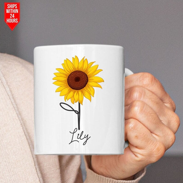 Personalised Name Sunflower Mug, Sunflower Printed White Ceramic Mugs, 11oz Coffee Cups, Coffee Mugs For Girlfriend, Memorial Gift for Wifey