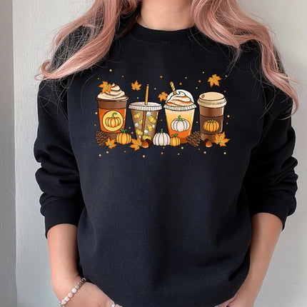 Halloween Pumpkin Coffee Sweater, Pumpkin Latte Drink Cup Sweatshirt, Thanksgiving Coffee Lovers Printed Jumper, Fall Halloween Party Gift