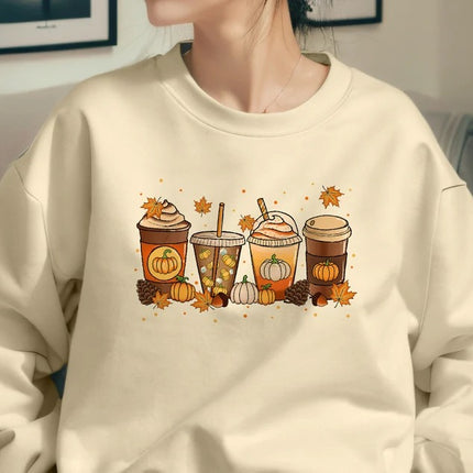 Halloween Pumpkin Coffee Sweater, Pumpkin Latte Drink Cup Sweatshirt, Thanksgiving Coffee Lovers Printed Jumper, Fall Halloween Party Gift