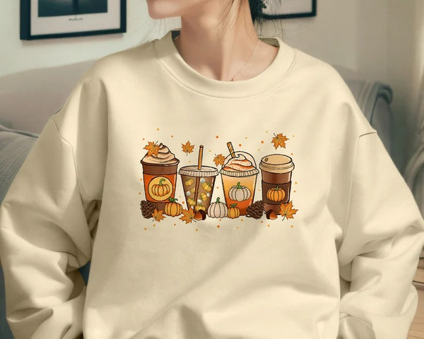 Halloween Pumpkin Coffee Sweater, Pumpkin Latte Drink Cup Sweatshirt, Thanksgiving Coffee Lovers Printed Jumper, Fall Halloween Party Gift