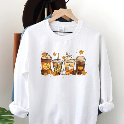 Halloween Pumpkin Coffee Sweater, Pumpkin Latte Drink Cup Sweatshirt, Thanksgiving Coffee Lovers Printed Jumper, Fall Halloween Party Gift