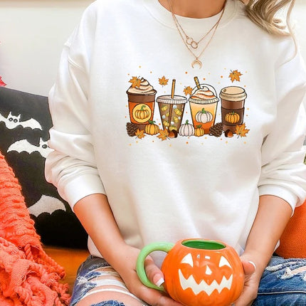 Halloween Pumpkin Coffee Sweater, Pumpkin Latte Drink Cup Sweatshirt, Thanksgiving Coffee Lovers Printed Jumper, Fall Halloween Party Gift