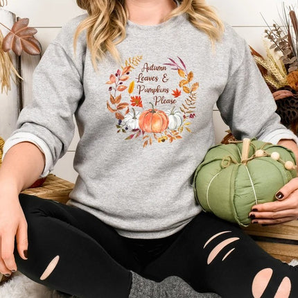 Autumn Leaves & Pumpkins Please Sweater, Aesthetic Fall Pumpkins Printed Sweatshirt, Autumn Thanksgiving Jumper, Best Fall Season Clothing
