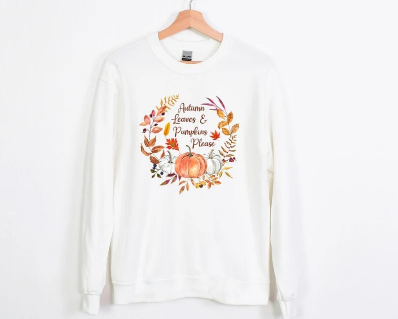 Autumn Leaves & Pumpkins Please Sweater, Aesthetic Fall Pumpkins Printed Sweatshirt, Autumn Thanksgiving Jumper, Best Fall Season Clothing