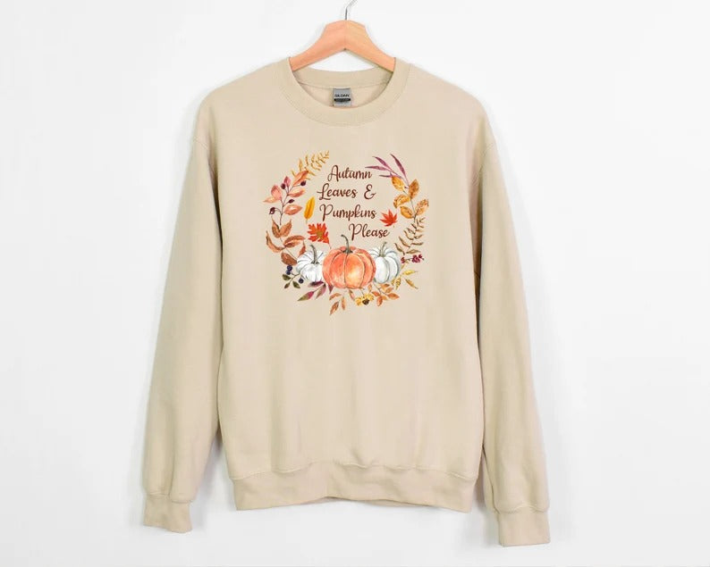 Autumn Leaves & Pumpkins Please Sweater, Aesthetic Fall Pumpkins Printed Sweatshirt, Autumn Thanksgiving Jumper, Best Fall Season Clothing