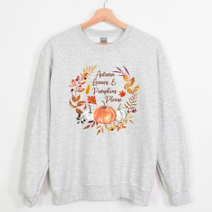 Autumn Leaves & Pumpkins Please Sweater, Aesthetic Fall Pumpkins Printed Sweatshirt, Autumn Thanksgiving Jumper, Best Fall Season Clothing