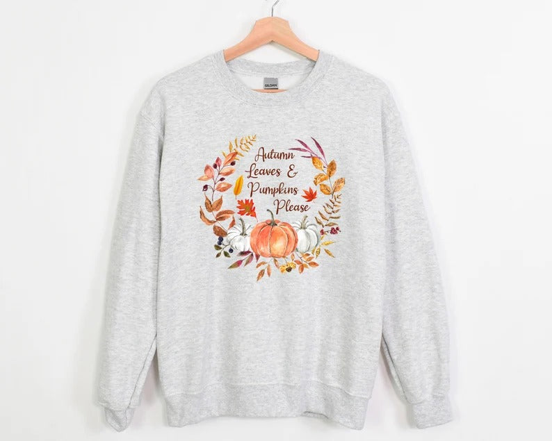 Autumn Leaves & Pumpkins Please Sweater, Aesthetic Fall Pumpkins Printed Sweatshirt, Autumn Thanksgiving Jumper, Best Fall Season Clothing