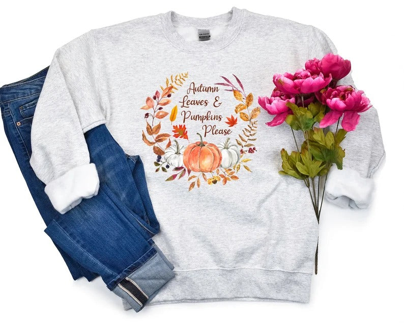 Autumn Leaves & Pumpkins Please Sweater, Aesthetic Fall Pumpkins Printed Sweatshirt, Autumn Thanksgiving Jumper, Best Fall Season Clothing