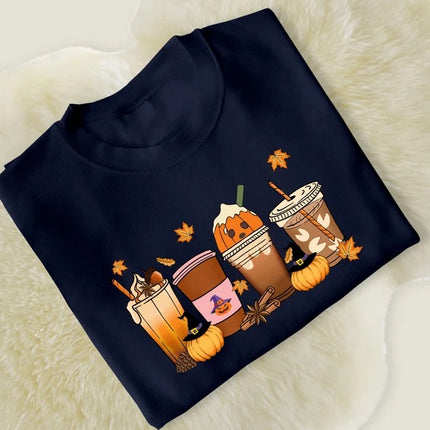 Vintage Halloween Sweatshirt, Halloween Pumpkin Coffee Sweater, Thanksgiving Fall Printed Jumper, Pumpkin Latte Sweater for Halloween Outfit