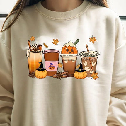 Vintage Halloween Sweatshirt, Halloween Pumpkin Coffee Sweater, Thanksgiving Fall Printed Jumper, Pumpkin Latte Sweater for Halloween Outfit
