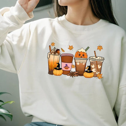 Vintage Halloween Sweatshirt, Halloween Pumpkin Coffee Sweater, Thanksgiving Fall Printed Jumper, Pumpkin Latte Sweater for Halloween Outfit