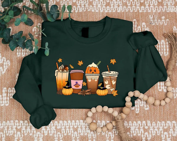 Vintage Halloween Sweatshirt, Halloween Pumpkin Coffee Sweater, Thanksgiving Fall Printed Jumper, Pumpkin Latte Sweater for Halloween Outfit