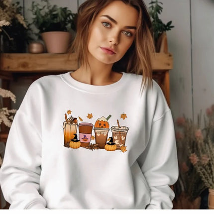 Vintage Halloween Sweatshirt, Halloween Pumpkin Coffee Sweater, Thanksgiving Fall Printed Jumper, Pumpkin Latte Sweater for Halloween Outfit