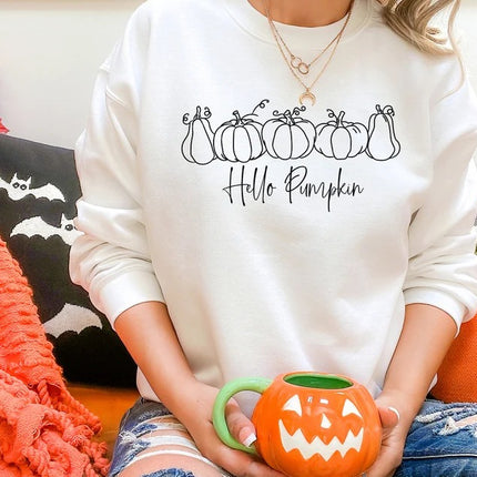 Hello Pumpkin Sweatshirt, Vintage Halloween Printed Sweater, Spooky Season Outfits