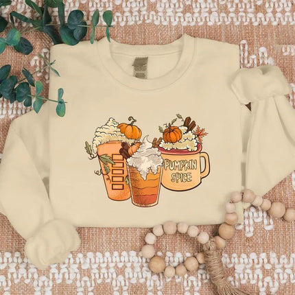 Halloween Pumpkin Coffee Sweatshirt, Fall Pumpkin Spice Printed Sweatshirt
