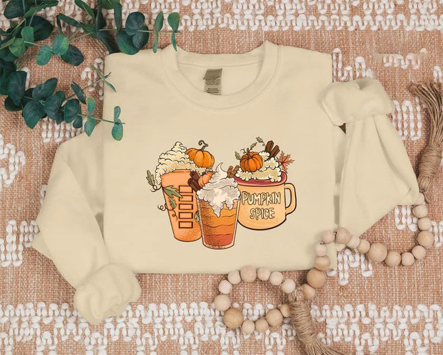 Halloween Pumpkin Coffee Sweatshirt, Fall Pumpkin Spice Printed Sweatshirt