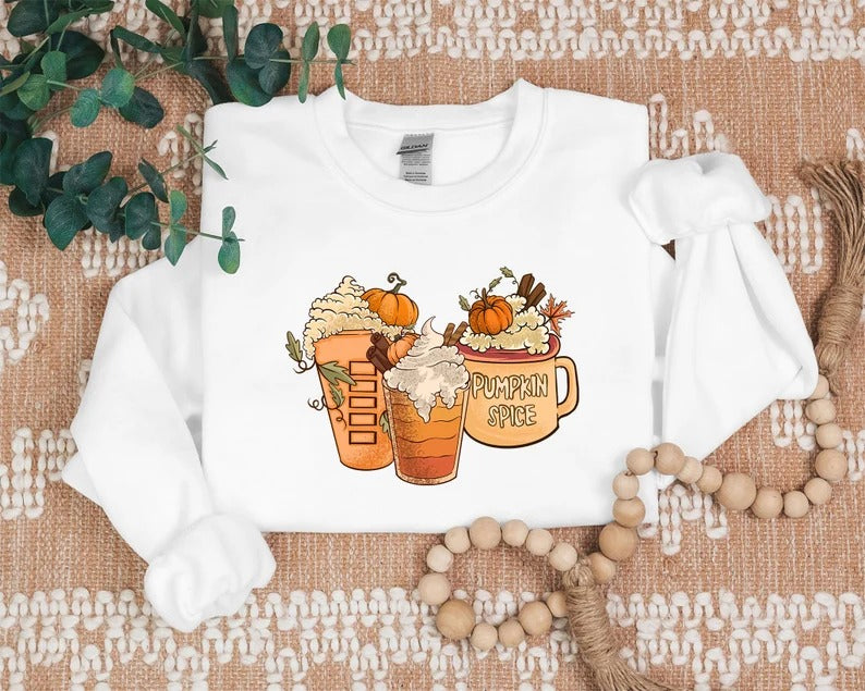 Halloween Pumpkin Coffee Sweatshirt, Fall Pumpkin Spice Printed Sweatshirt, Vintage Thanksgiving Coffee Latte Jumper, Halloween Party Gifts
