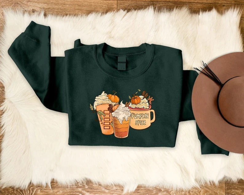 Halloween Pumpkin Coffee Sweatshirt, Fall Pumpkin Spice Printed Sweatshirt, Vintage Thanksgiving Coffee Latte Jumper, Halloween Party Gifts